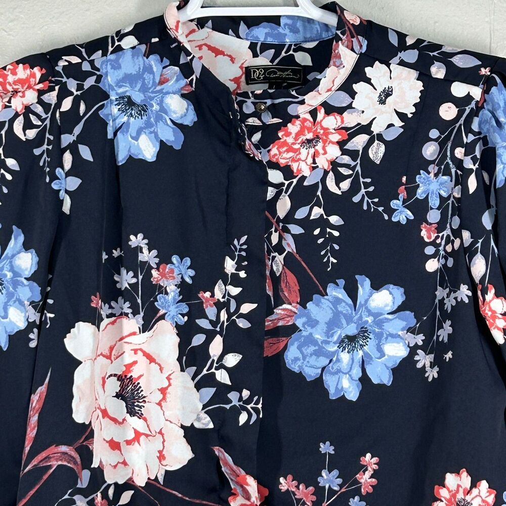 D2 Blouse Womens L Navy Floral Long Sleeve Mandarin Collar Button Front Top